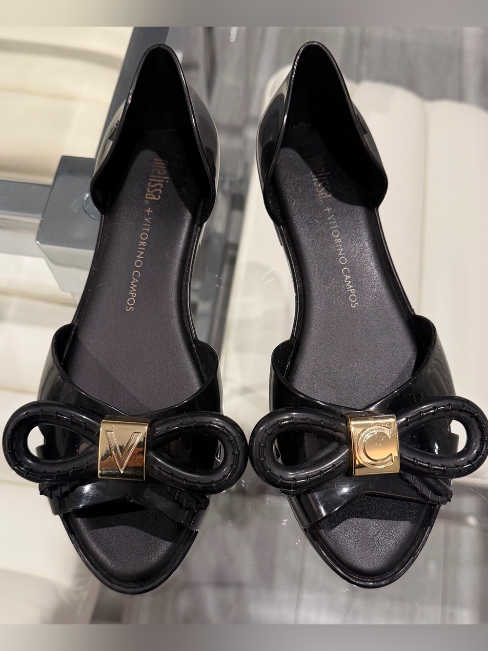 Melissa Black D'Orsay Flats with Gold Bow Accents